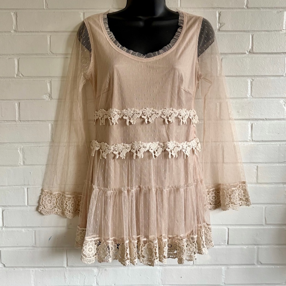 Anthropologie A'Reve‎ Beige Lace Detail Tunic/Top, SZ S EUC